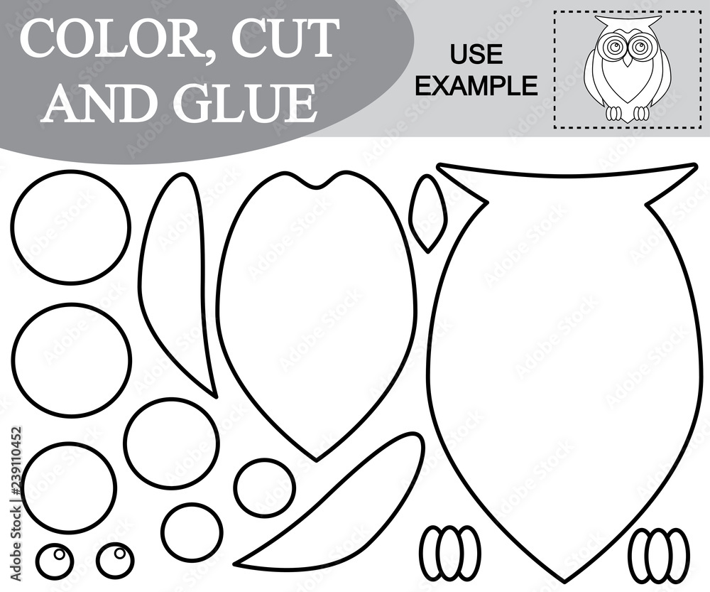 Naklejka premium Utwórz obraz sowy za pomocą nożyczek i kleju, kolorowanka. Gra dla dzieci. Ilustracji wektorowych.