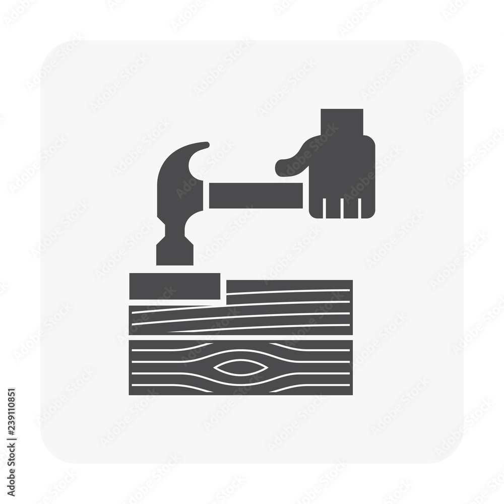 Obraz premium Wood floor installation and tool or equipment vector icon. Consist of hammer, tapping block, wood floor and carpenter. To improvement, repair, renovation or construction of wooden floor.