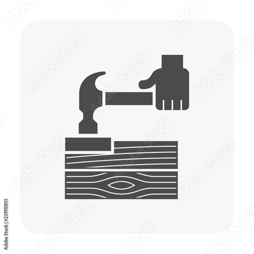 Wood floor installation and tool or equipment vector icon. Consist of hammer, tapping block, wood floor and carpenter. To improvement, repair, renovation or construction of wooden floor.