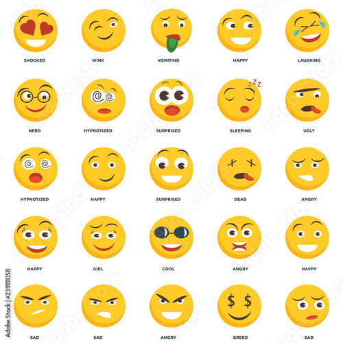Set Of 25 icons such as Sad, Greed, Angry, Ugly, Dead, Cool, Happy, Nerd, Vomiting, Wink icon