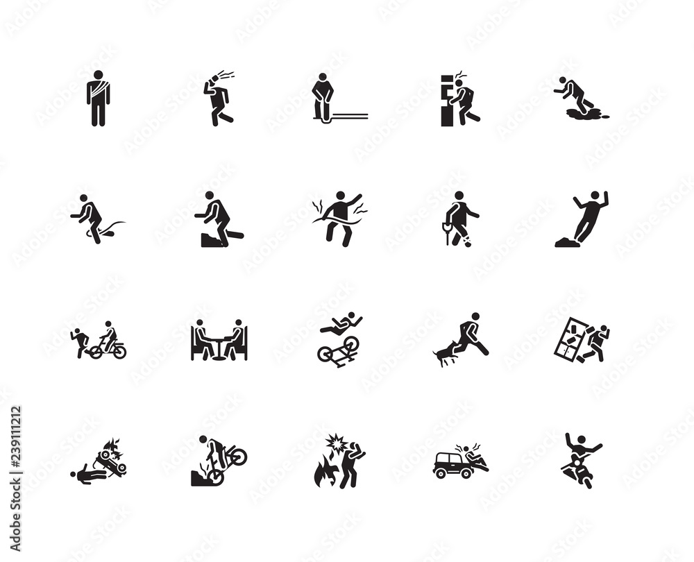 Simple Set of 20 Vector Icon. Contains such Icons as Accident, Fire, Falling, Accident. Editable Stroke pixel perfect Simple Set of 20 Vector Icon. Contains such Icons as Accident, Fire, Falling, Accident. Editable Stroke pixel perfect
