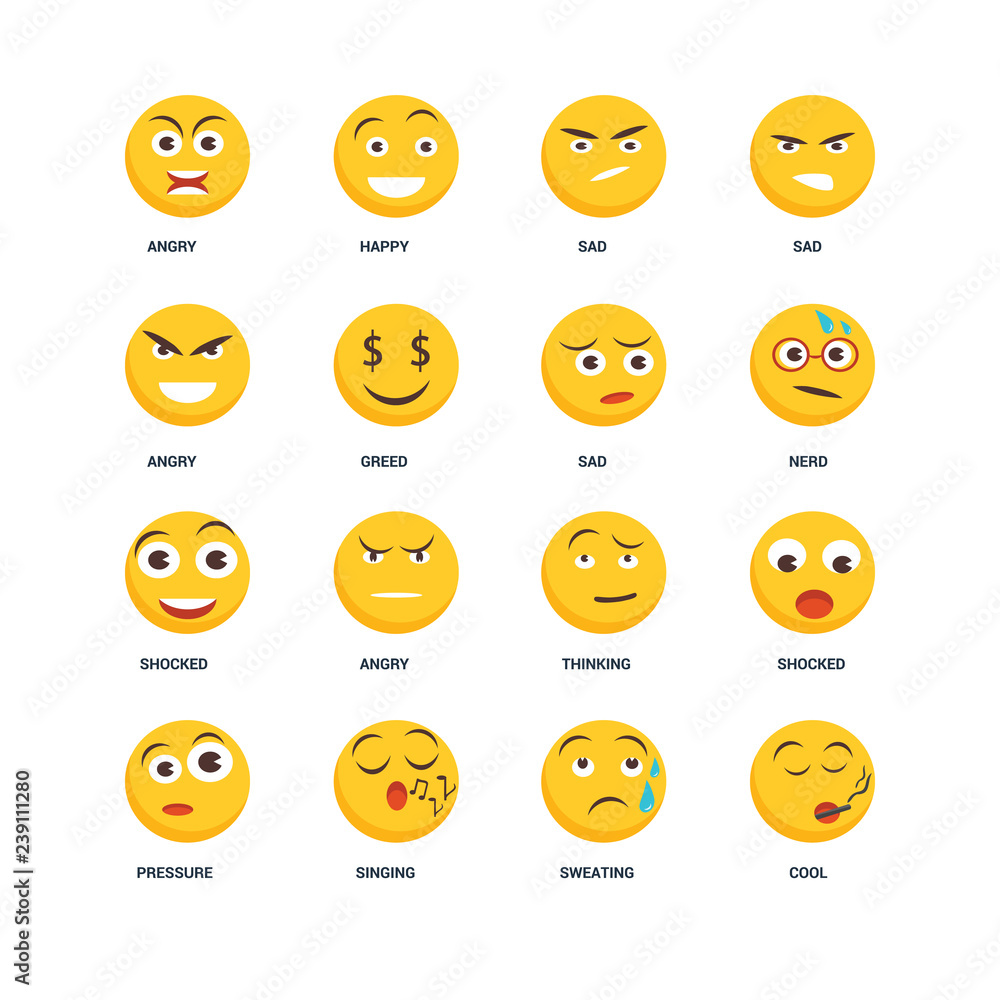 Set Of 16 icons such as Cool, Sweating, Singing, Pressure, Shocked, Angry, Sad icon Set Of 16 icons such as Cool, Sweating, Singing, Pressure, Shocked, Angry, Sad icon