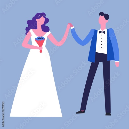 Wedding ceremony of couple man and woman wearing celebration clothes