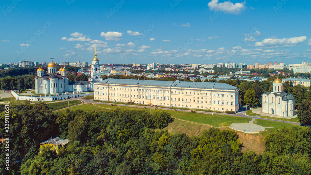 Vladimir city, Golden Ring of Russia. Aerial view of the main sights of Vladimir: the Assumption Cathedral, the building of the Vladimir provincial offices and the Demetrius Cathedral.