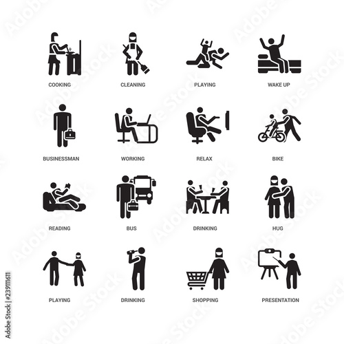 Simple Set of 16 Vector Icon. Contains such Icons as Presentation, Working, Cooking, undefined, Hug, Bus, Cleaning. Editable Stroke pixel perfect