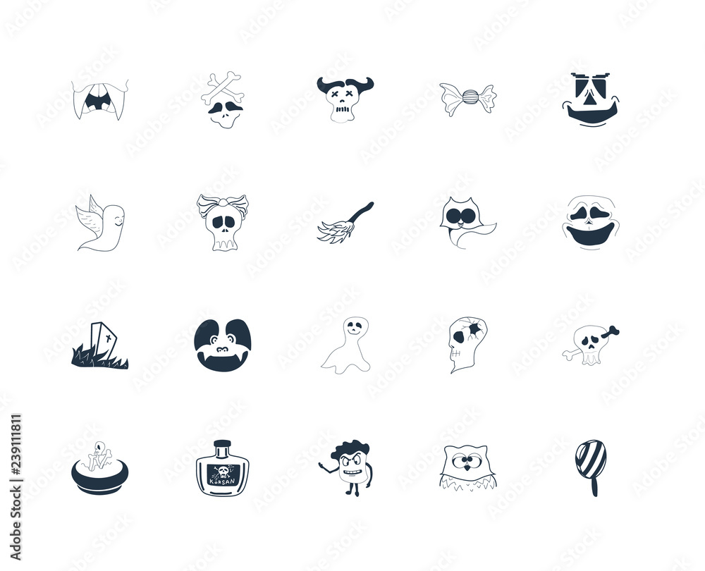 Set Of 20 icons such as Lollypop, Owl, Monster, Poison, Potion, Pumpkin Face, Ghost, Cemetery, Female Skull, icon pack