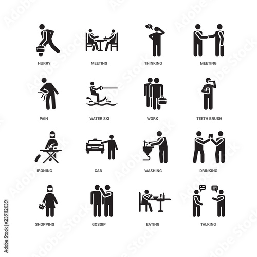Simple Set of 16 Vector Icon. Contains such Icons as Talking, Eating, Gossip, Shopping, Drinking, Hurry, Pain, Ironing, Work, undefined, undefined. Editable Stroke pixel perfect
