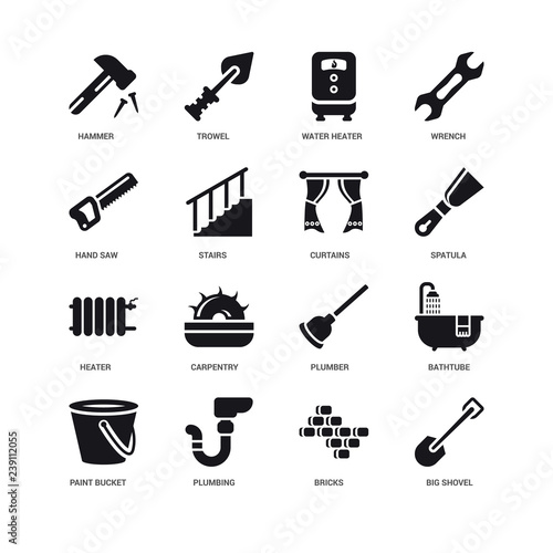Simple Set of 16 Vector Icon. Contains such Icons as Big Shovel, Stairs, Hammer, undefined, Bathtube, Carpentry, Trowel. Editable Stroke pixel perfect
