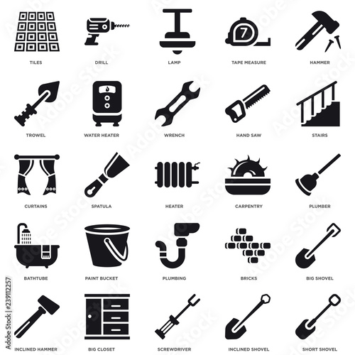 Simple Set of 25 Vector Icon. Contains such Icons as Short Shovel, Plumber, Stairs, Drill, Inclined Hammer, Water Heater, Bricks, Curtains. Editable Stroke pixel perfect