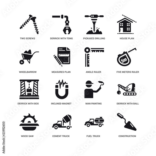 Simple Set of 16 Vector Icon. Contains such Icons as undefined, Fuel Truck, Two Screws, Wood Saw, Derrick with Ball, Man Painting, Pickaxes Drilling. Editable Stroke pixel perfect