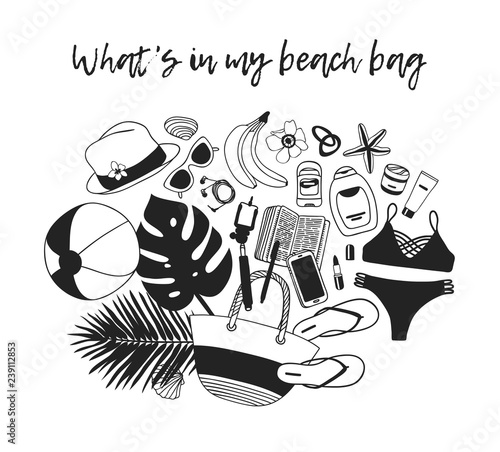 Hand drawn Fashion Illustration What is in my bag. Vector picture Summer casual objects. Artistic Tropical doddle drawing. Creative ink art work