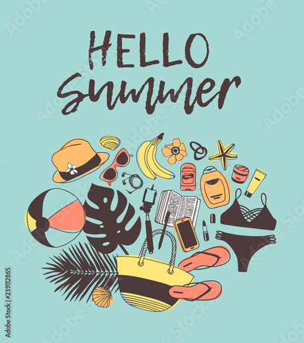 Hand drawn Fashion Illustration What is in my bag. Vector picture Summer casual objects. Artistic Tropical doddle drawing. Creative ink art work