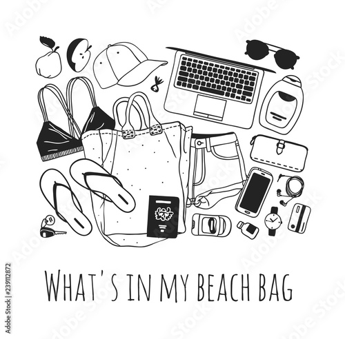 Hand drawn Fashion Illustration What is in my bag. Vector picture Summer casual objects. Artistic Tropical doddle drawing. Creative ink art work