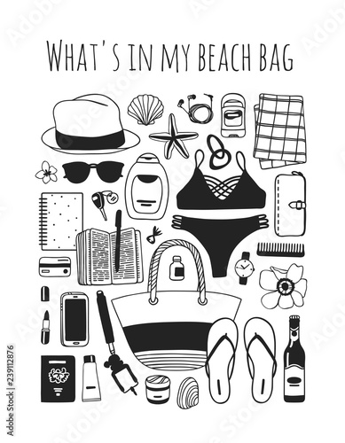 Hand drawn Fashion Illustration What is in my bag. Vector picture Summer casual objects. Artistic Tropical doddle drawing. Creative ink art work