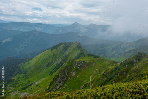 Scenic view of Carpathian mountains hills on sunny day