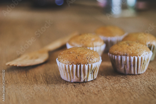 Bakery fresh banana cup cake hot from oven , home made food.