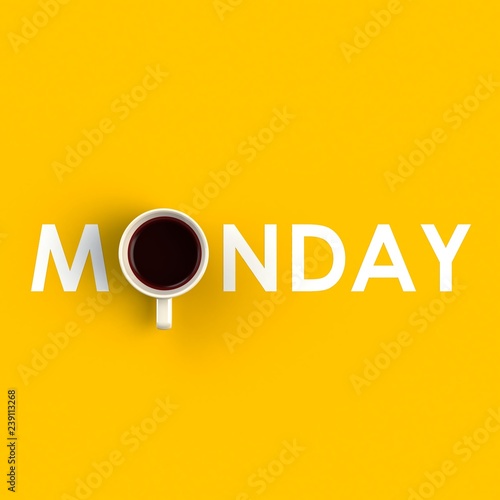 Top view of a cup of coffee in the form of monday isolated on yellow background, Coffee concept illustration, 3d rendering photo