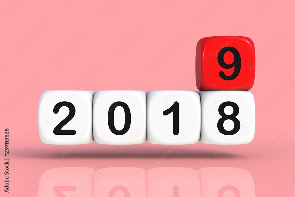 Christmas and Happy New Year 2019 concept with dice, 3D rendering isolated on pink background. Christmas and Happy New Year 2019 concept with dice, 3D rendering isolated on pink background.