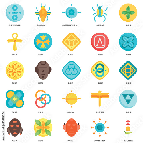 Simple Set of 25 Vector Icon. Contains such Icons as Esoteric, Commitment, Mask, Rune, Karma, Ankh, Crescent moon, Scarab. Editable Stroke pixel perfect
