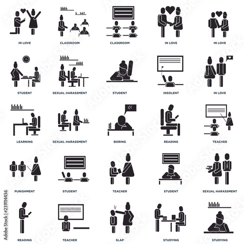 Set Of 25 icons such as Studying, Slap, Teacher, Reading, In love, Punishment, Student, Classroom, Classroom icon