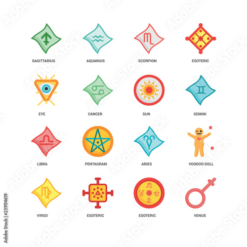 Simple Set of 16 Vector Icon. Contains such Icons as Venus, Esoteric, Virgo, Voodoo doll, Sagittarius, Eye, Libra, Sun, undefined, undefined. Editable Stroke pixel perfect