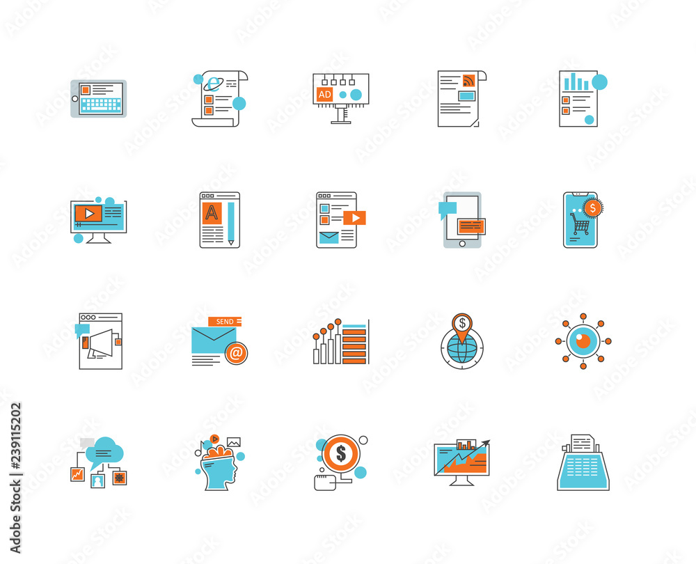 Set Of 20 icons such as Typewriter, Analytics, Pay per click, Brainstorming, Cloud computing, Tablet, Announcement, Web de, Billboard, icon pack
