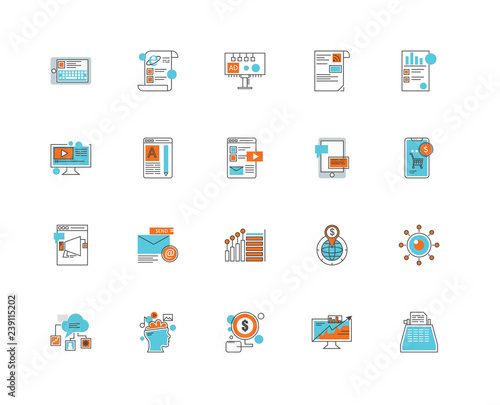 Set Of 20 icons such as Typewriter, Analytics, Pay per click, Brainstorming, Cloud computing, Tablet, Announcement, Web de, Billboard, icon pack © vectorstockcompany