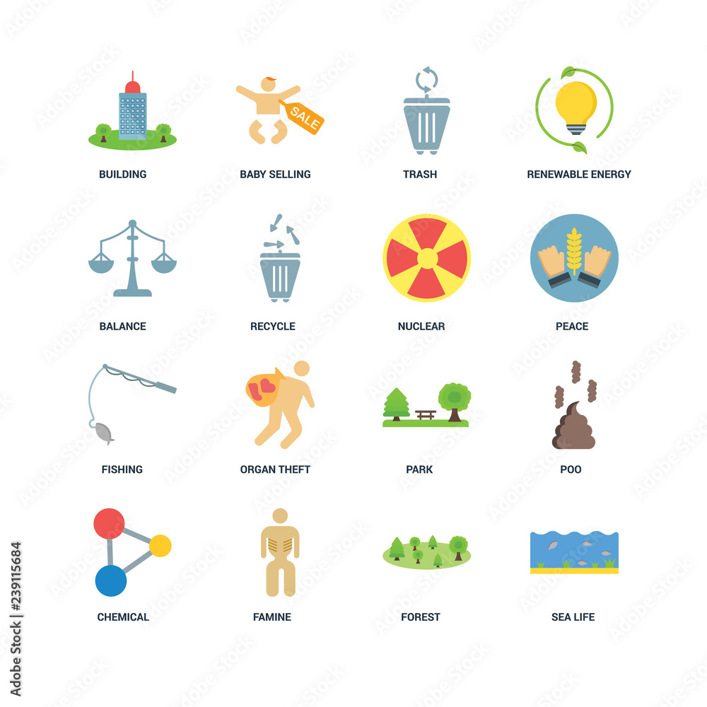Set Of 16 icons such as Sea life, Forest, Famine, Chemical, Poo,