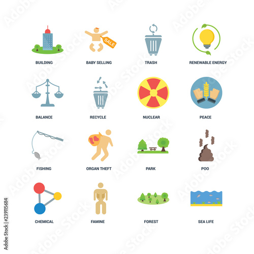 Set Of 16 icons such as Sea life, Forest, Famine, Chemical, Poo,