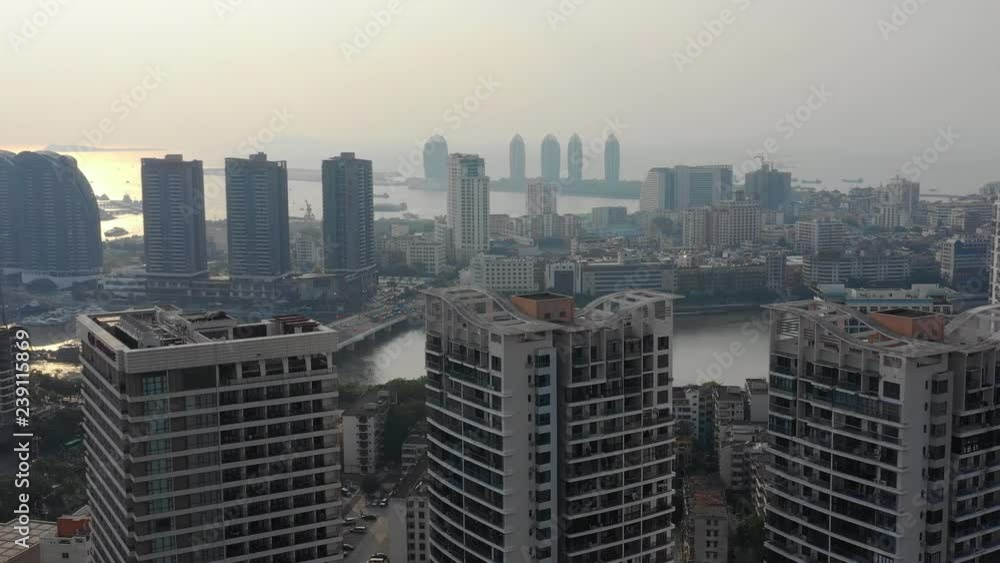 sunset time time hainan island sanya city aerial riverside bay panorama 4k china
