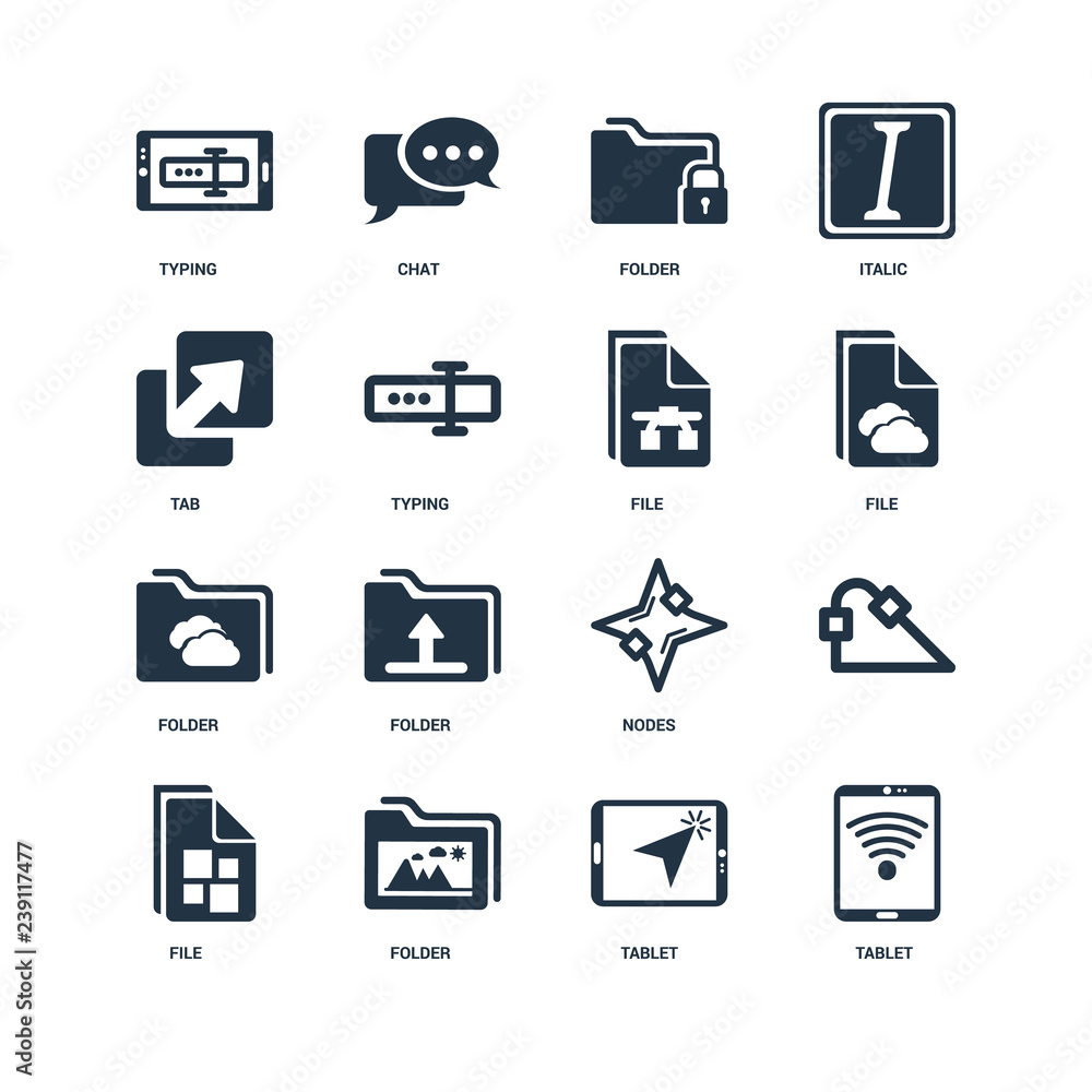 Set Of 16 icons such as Tablet, Folder, File, , Typing, Tab, Fil