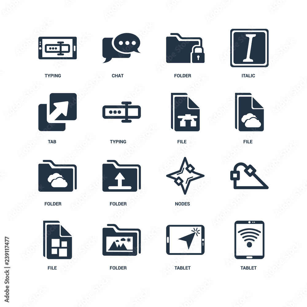 Set Of 16 icons such as Tablet, Folder, File, , Typing, Tab, Fil Set Of 16 icons such as Tablet, Folder, File, , Typing, Tab, Fil