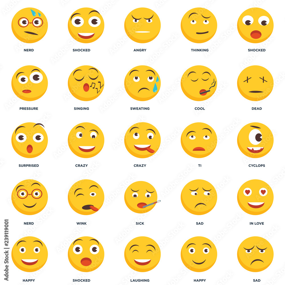 Set Of 25 icons such as Sad, Happy, Laughing, Shocked, Dead, Ti, Sick, Nerd, Pressure, Angry, Shocked icon