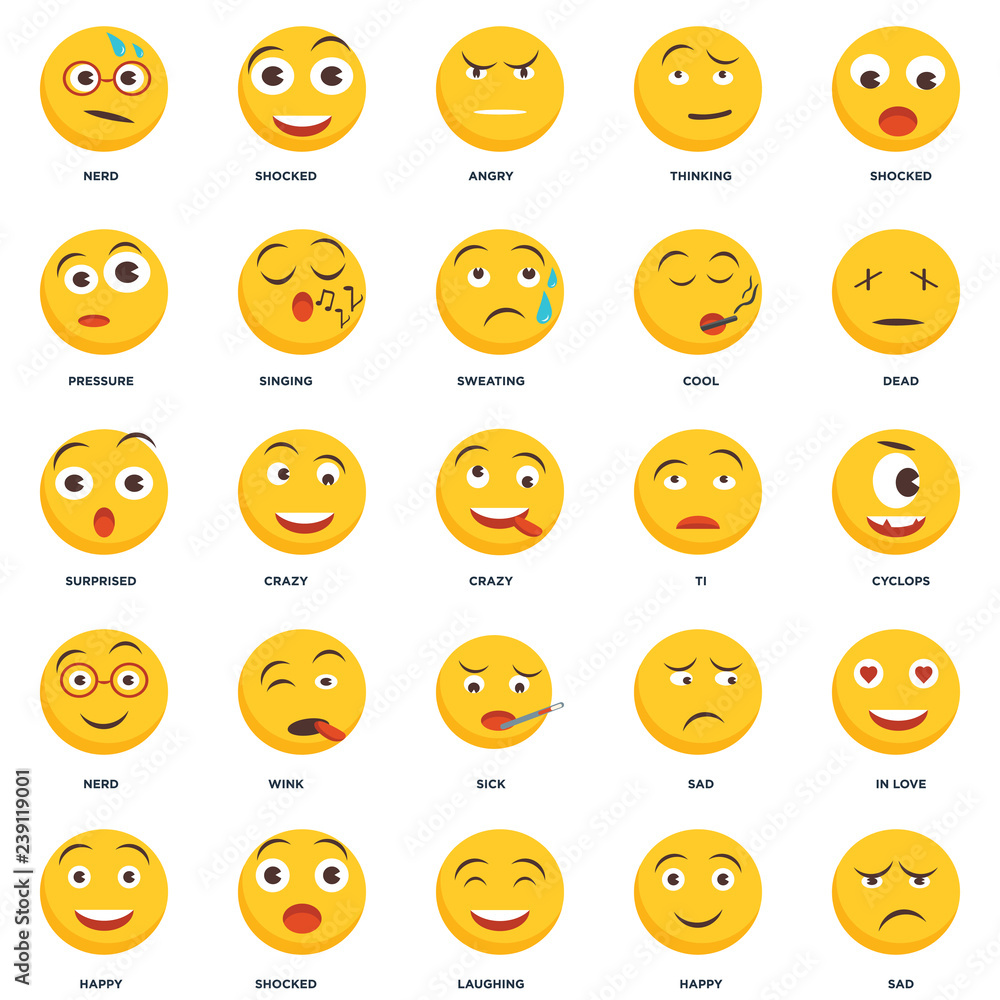 Set Of 25 icons such as Sad, Happy, Laughing, Shocked, Dead, Ti, Sick, Nerd, Pressure, Angry, Shocked icon Set Of 25 icons such as Sad, Happy, Laughing, Shocked, Dead, Ti, Sick, Nerd, Pressure, Angry, Shocked icon