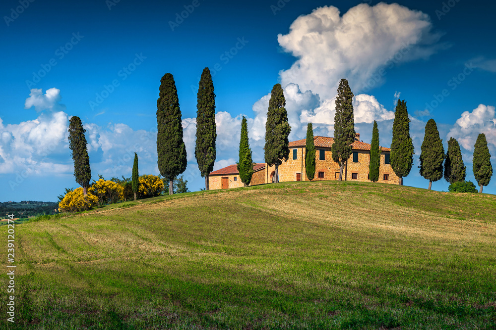 Typical Tuscany stone house on the hill near Pienza, Italy