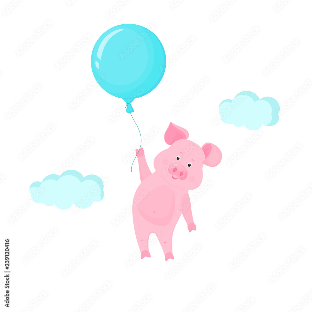 Cute pig flying in the sky holding the balloon. Funny piggy vector cartoon character. Cute pig flying in the sky holding the balloon. Funny piggy vector cartoon character.