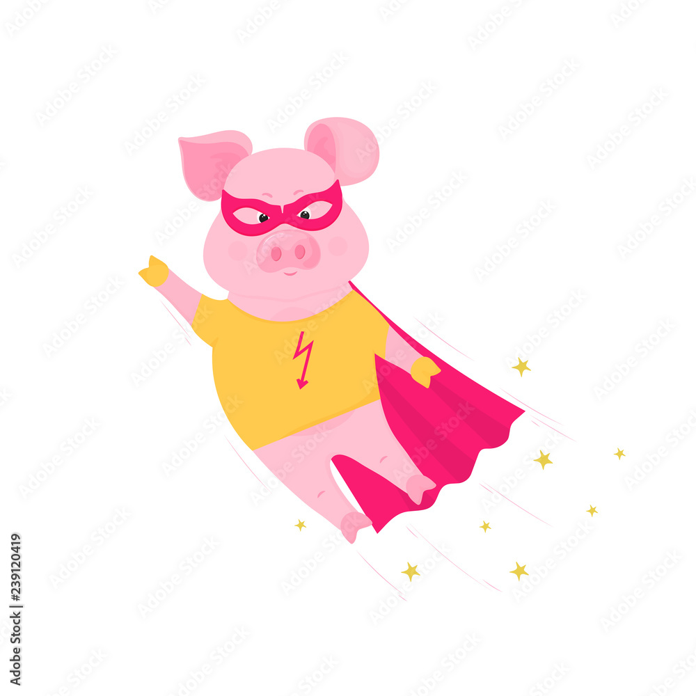 Funny pig in superhero costume flying. Cute piggy in a t-shirt and raincoat. Funny pig in superhero costume flying. Cute piggy in a t-shirt and raincoat.