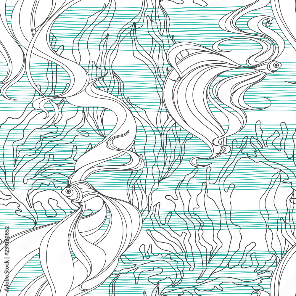 Seamless pattern with fishes and seaweed . Vector illustration on a striped background.