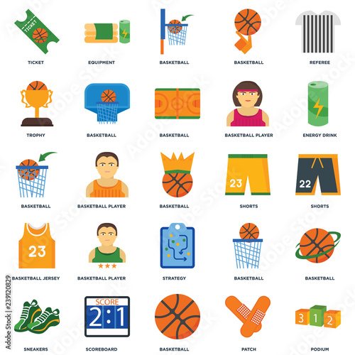 Set Of 25 icons such as Podium, Patch, Basketball, Scoreboard, Sneakers, Energy drink, Shorts, Strategy, Basketball jersey, Trophy, Equipment icon