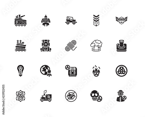 Simple Set of 20 Vector Icon. Contains such Icons as Hazmat, Nuclear, Biohazard, Truck, Shield, Explosion, Radioactive, Light bulb, Backpack, Jeep. Editable Stroke pixel perfect