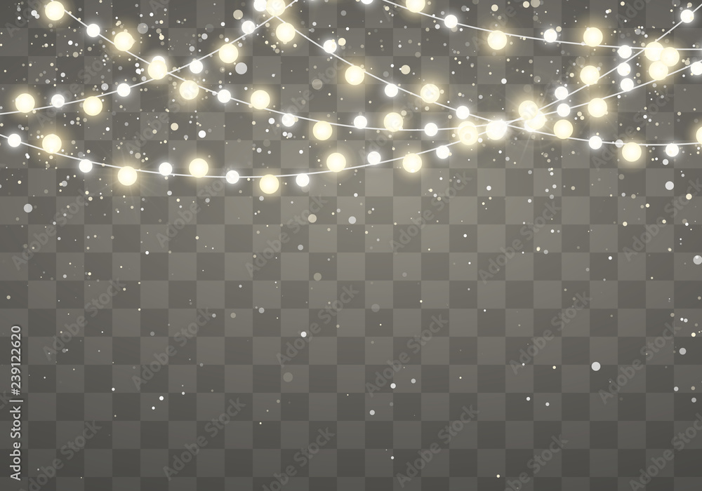 Christmas lights with glittering falling snowflakes isolated on transparent background. Xmas glowing garland. Holiday decorative design elements. Garlands decorations. Vector illustration