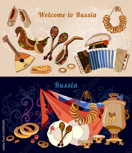 Traditional Russian cuisine and culture banner. Balalayka, samovar, matryoshka, hand drawn vector. Welcome to Russia art