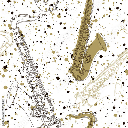 Seamless pattern with saxophones. Stylish vector hand-drawn background.