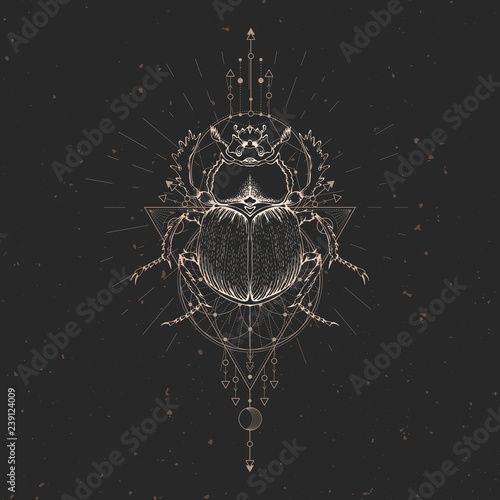 Vector illustration with hand drawn scarab and Sacred geometric symbol on black vintage background. Abstract mystic sign. Gold linear shape. 