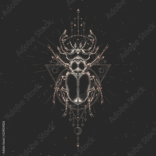 Vector illustration with hand drawn stag beetle and Sacred geometric symbol on black vintage background. Abstract mystic sign. Gold linear shape.