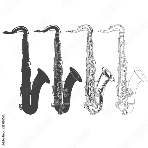 Saxophones. Vector illustration on white background. Monochrome sketch four variants. Isolated design elements.