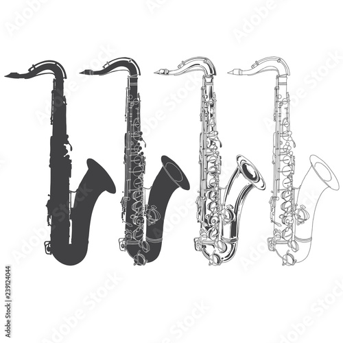 Saxophones. Vector illustration on white background. Monochrome sketch,four variants. Isolated design elements.