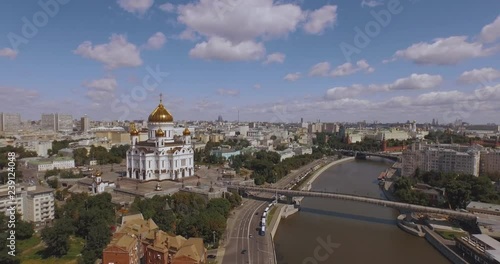Aerial view of Christ the Saviour Cathedral. Moscow panorama in background 4k