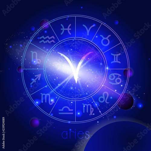 Vector illustration of sign ARIES with Horoscope circle against the space background.