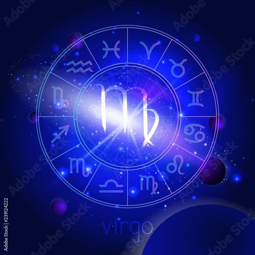 Vector illustration of sign VIRGO with Horoscope circle against the space background.